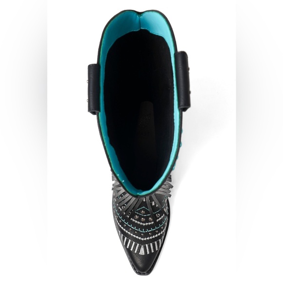 BEAST Black & Turquoise Studs Rhinestones Fringe Embellished Western Boot - Picture 6 of 9